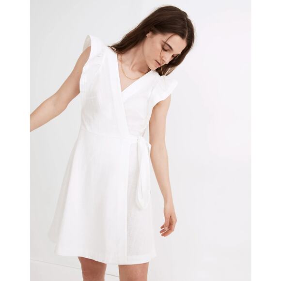 MADEWELL Ruffle-Sleeve Wrap Mini Dress White {XX21} - Picture 1 of 4